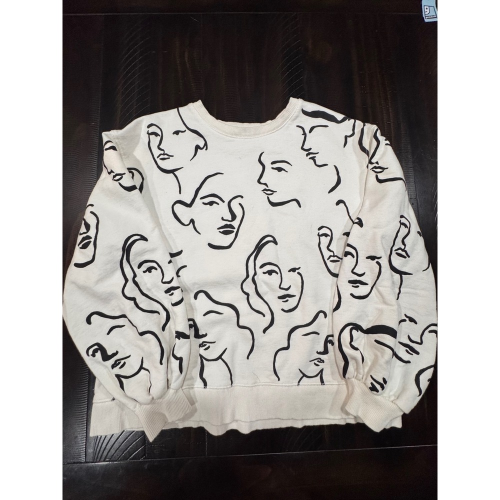 Zara Women Cream Black Line Art Face Print Crew Neck Sweatshirt Small